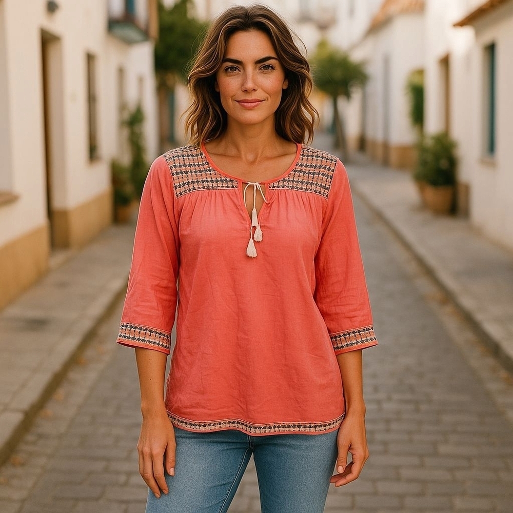 J. McLaughlin Sz Large Coral Emboidered Cotton Tunic Top WT353